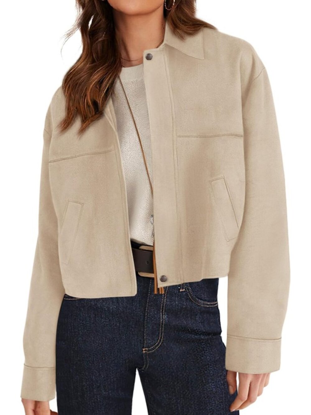 Women's Beige Faux Suede Cropped 2 Pockets Fall Jacket Oversized Shacket